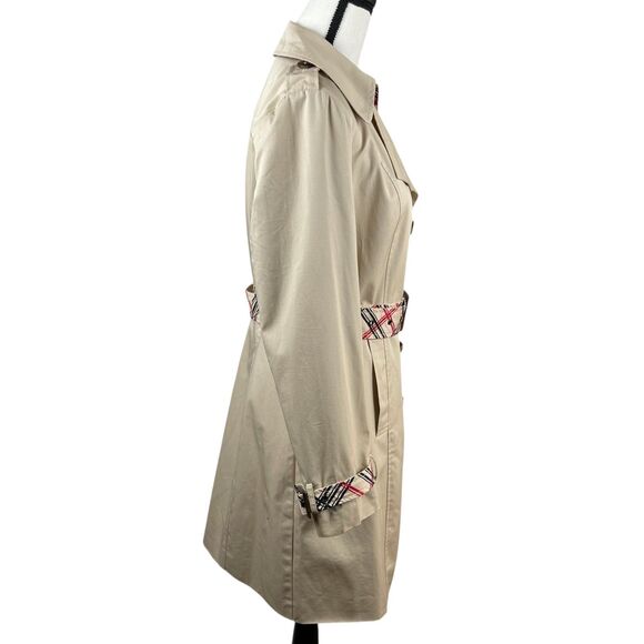 IMAN Women's Trench Coat Medium Beige Cotton Belted Double Breasted Plaid Trim - Picture 4 of 13